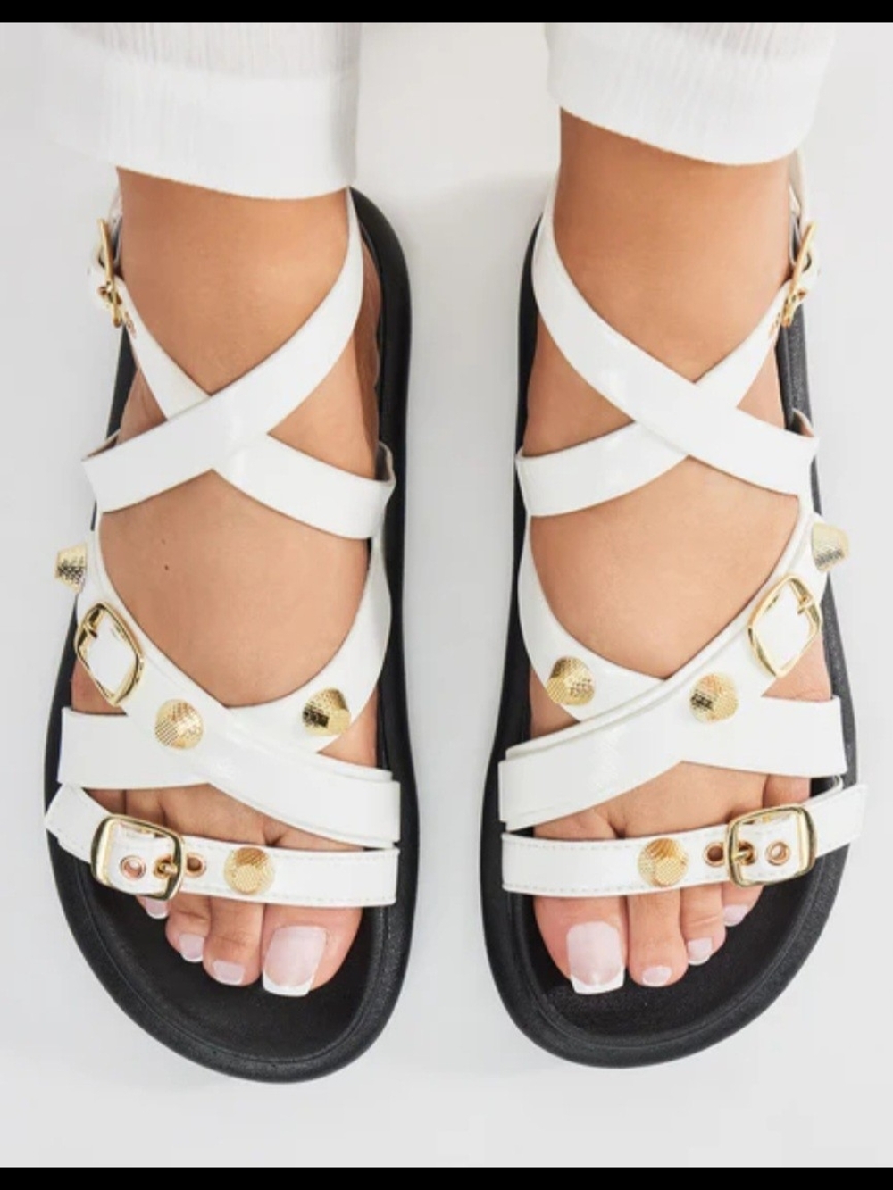 White Strappy Sandals with Gold Studs - Women's Fashion Sandals